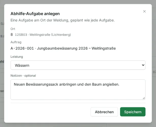 Fenster Abhilfe-Aufgabe anlegen mit Ort, festem Auftrag, gewählter Leistung und Notizen