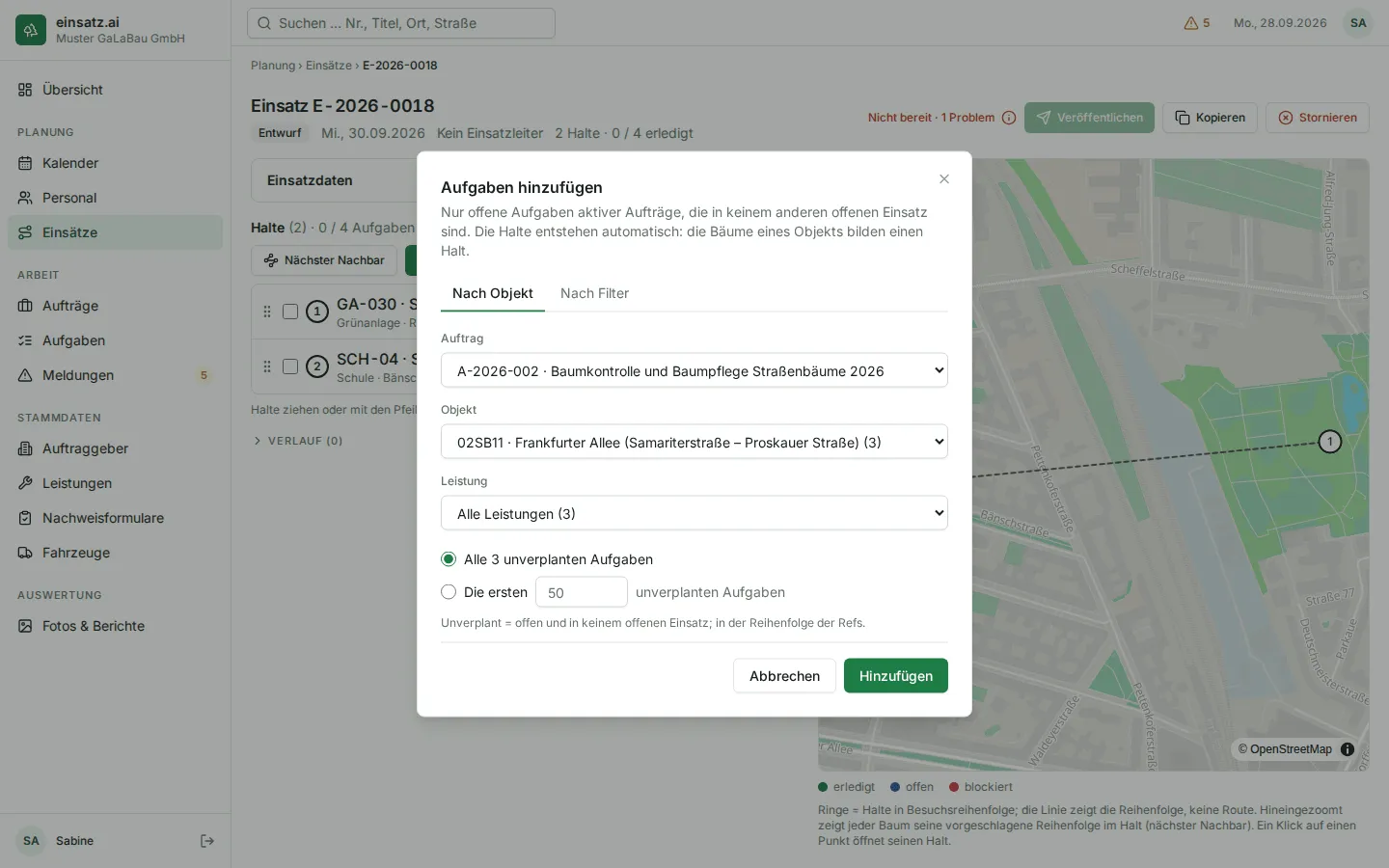 Fenster Aufgaben hinzufügen im Reiter Nach Objekt mit gewähltem Auftrag und Objekt und der Auswahl, wie viele unverplante Aufgaben hinzukommen