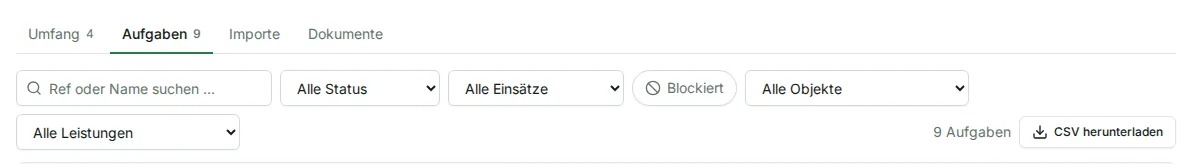 Reiter Aufgaben eines Auftrags mit CSV herunterladen rechts neben der Zahl der Aufgaben