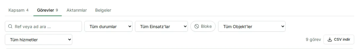 Bir Auftrag’ın Görevler sekmesi, görev sayısının sağında CSV indir