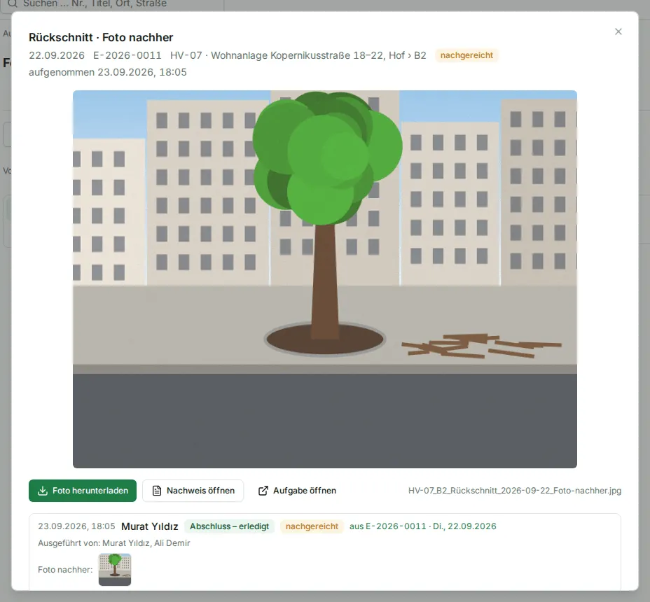 Ein nachgereichtes Foto groß geöffnet, darunter Foto herunterladen, Nachweis öffnen, Aufgabe öffnen, der Dateiname und der Nachweis