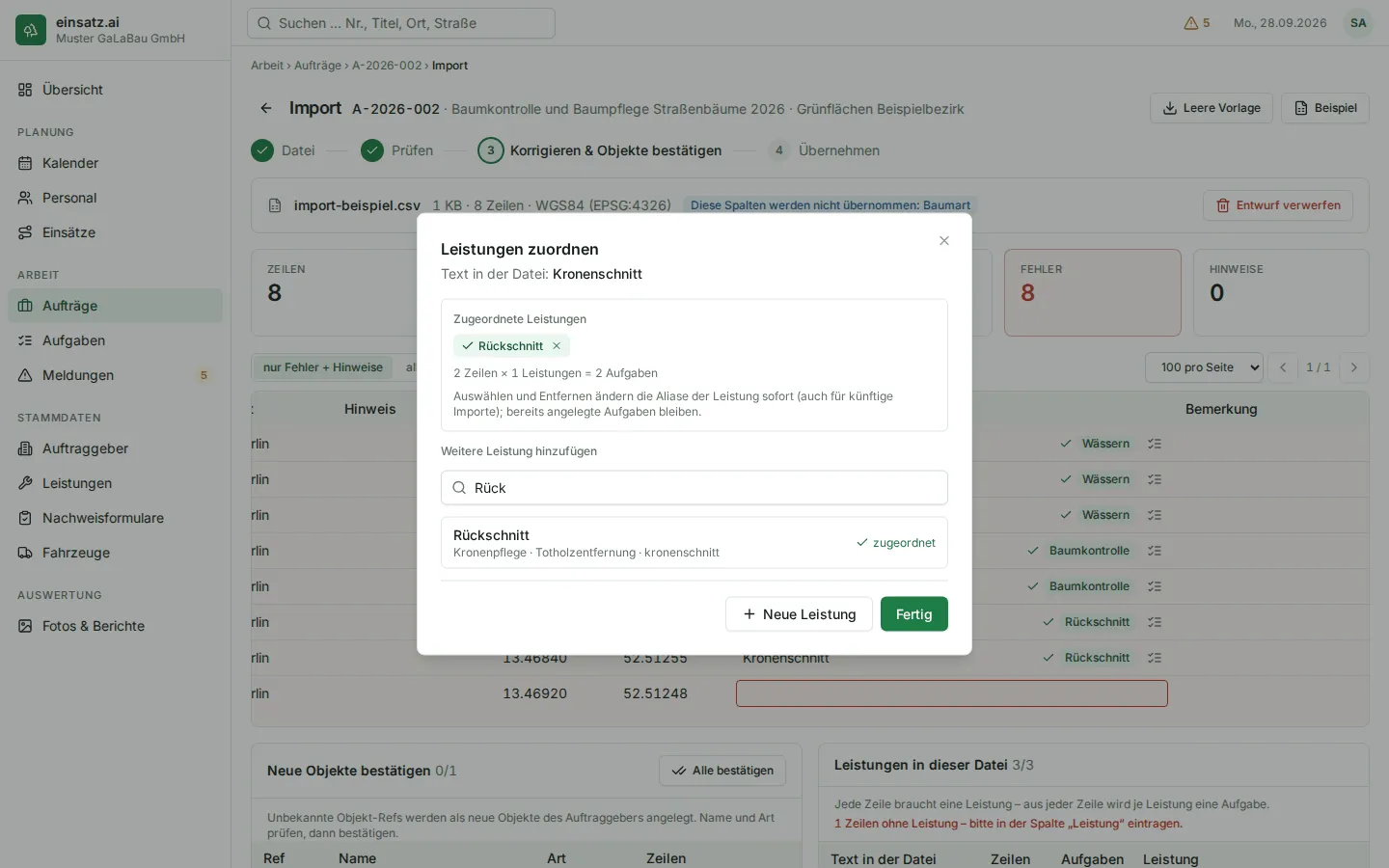 Fenster Leistungen zuordnen mit dem Text aus der Datei, der zugeordneten Leistung und der Suche