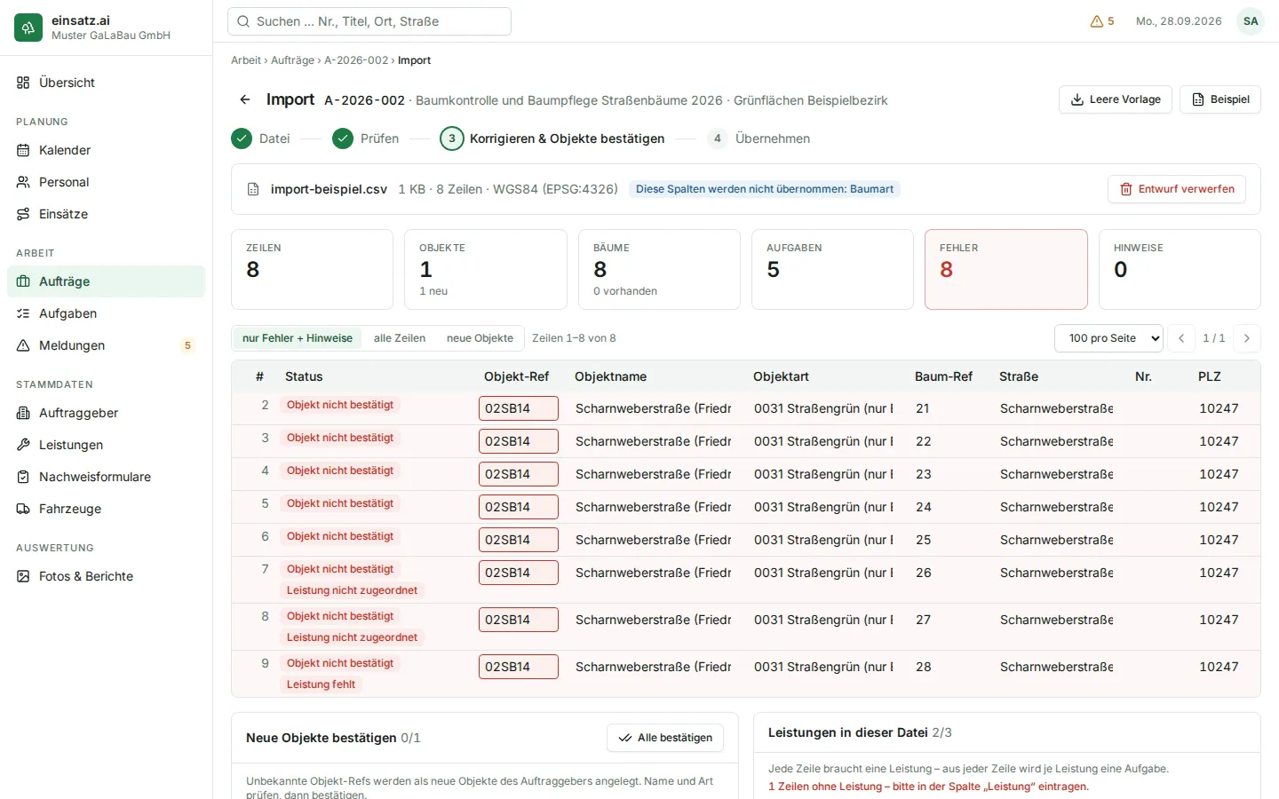 Importseite mit Schrittleiste, Kacheln und der Tabelle mit markierten Fehlern