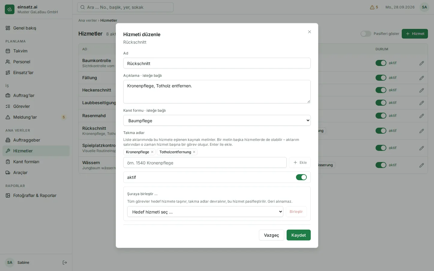 Kanıt formu, takma adlar ve birleştirme alanıyla Hizmeti düzenle penceresi