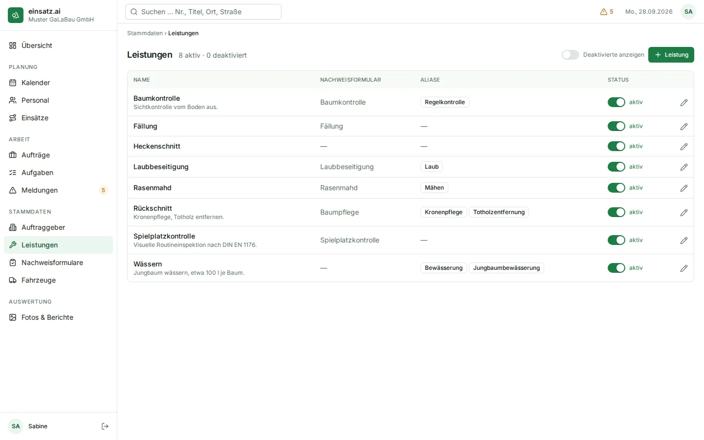 Liste der Leistungen mit Nachweisformular, Aliasen und Status