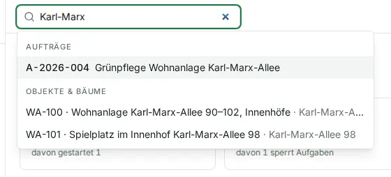Das Suchfeld mit der Eingabe Karl-Marx und den Treffern darunter: ein Auftrag unter Aufträge, zwei Objekte unter Objekte & Bäume