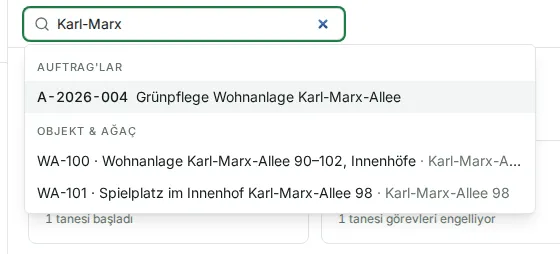 Karl-Marx yazılmış arama alanı ve altında sonuçlar: Auftrag’lar altında bir Auftrag, Objekt & Ağaç altında iki Objekt