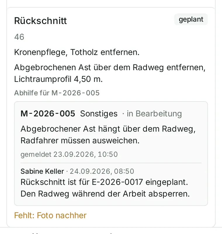 Eine Abhilfe-Aufgabe mit „Abhilfe für M-…“, der Meldung in Bearbeitung und dem Kommentar des Büros