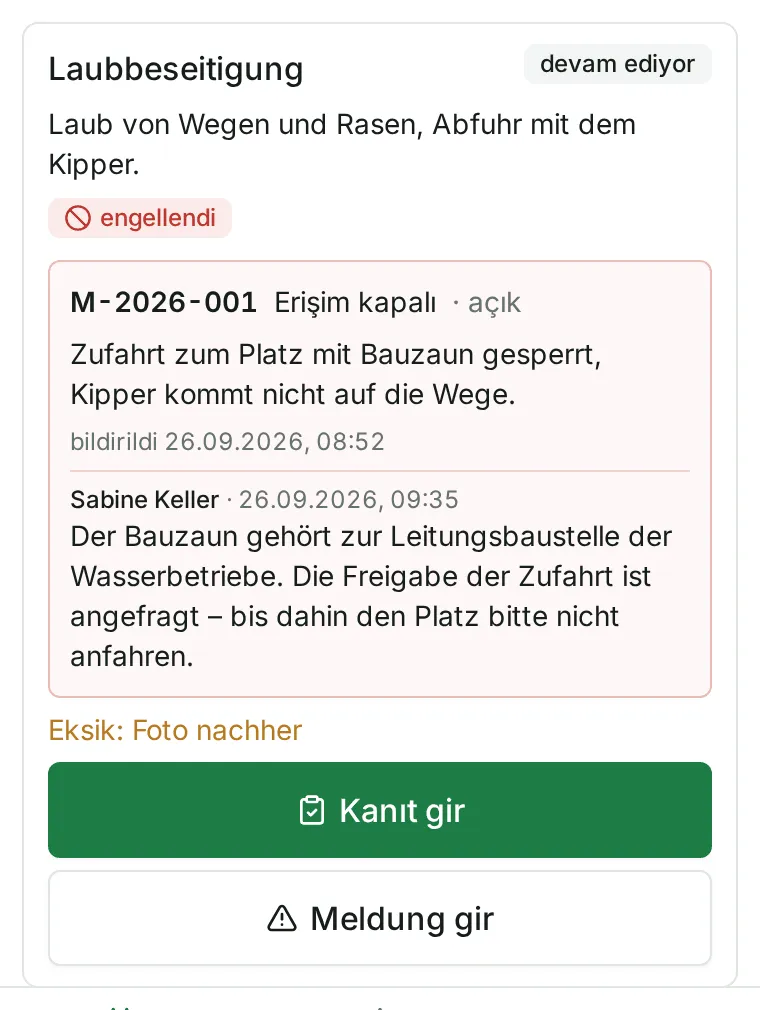 “engellendi” yazan bir görev ve altında engelleyen Meldung