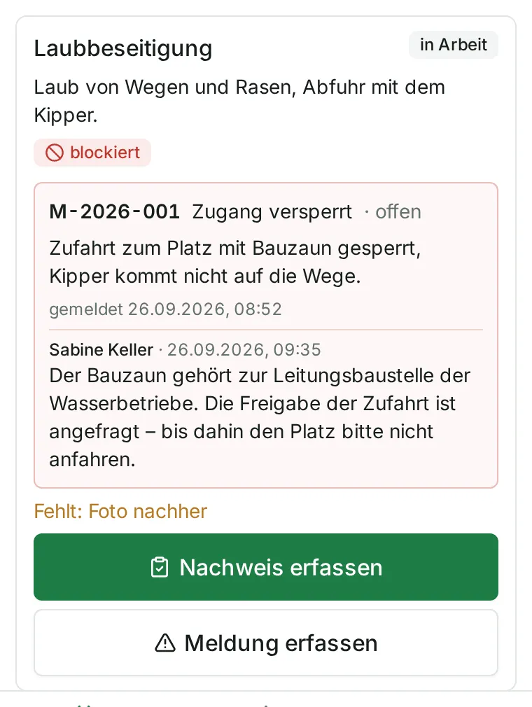 Eine Aufgabe mit „blockiert“ und der sperrenden Meldung darunter