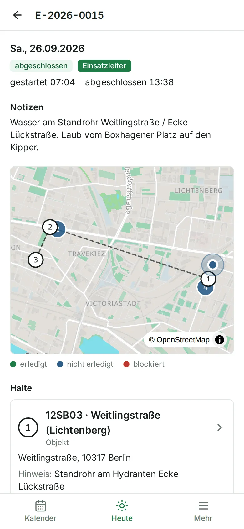 Die Einsatzseite nach dem Abschluss mit den Uhrzeiten „gestartet …“ und „abgeschlossen …“