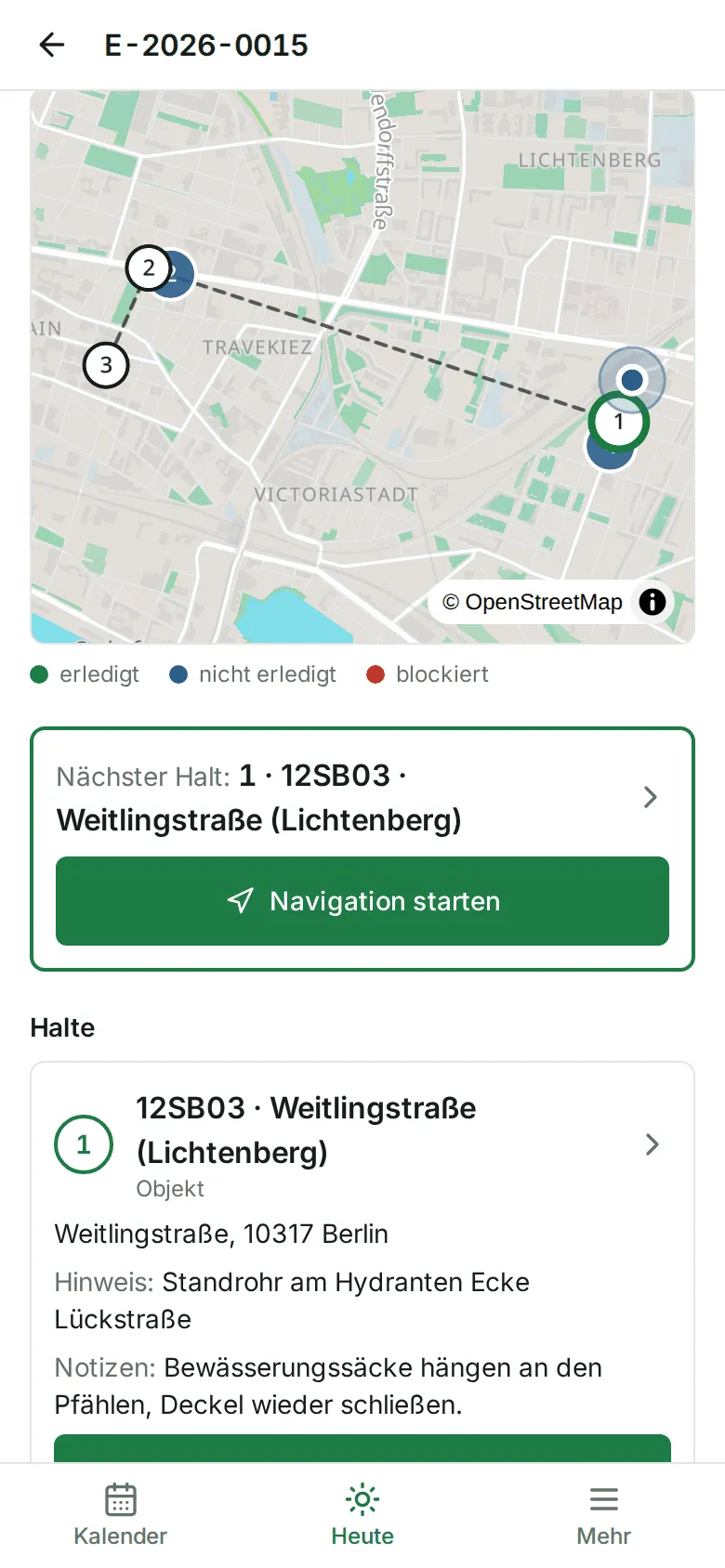 Die Tageskarte mit den nummerierten Halten und darunter die Karte „Nächster Halt“