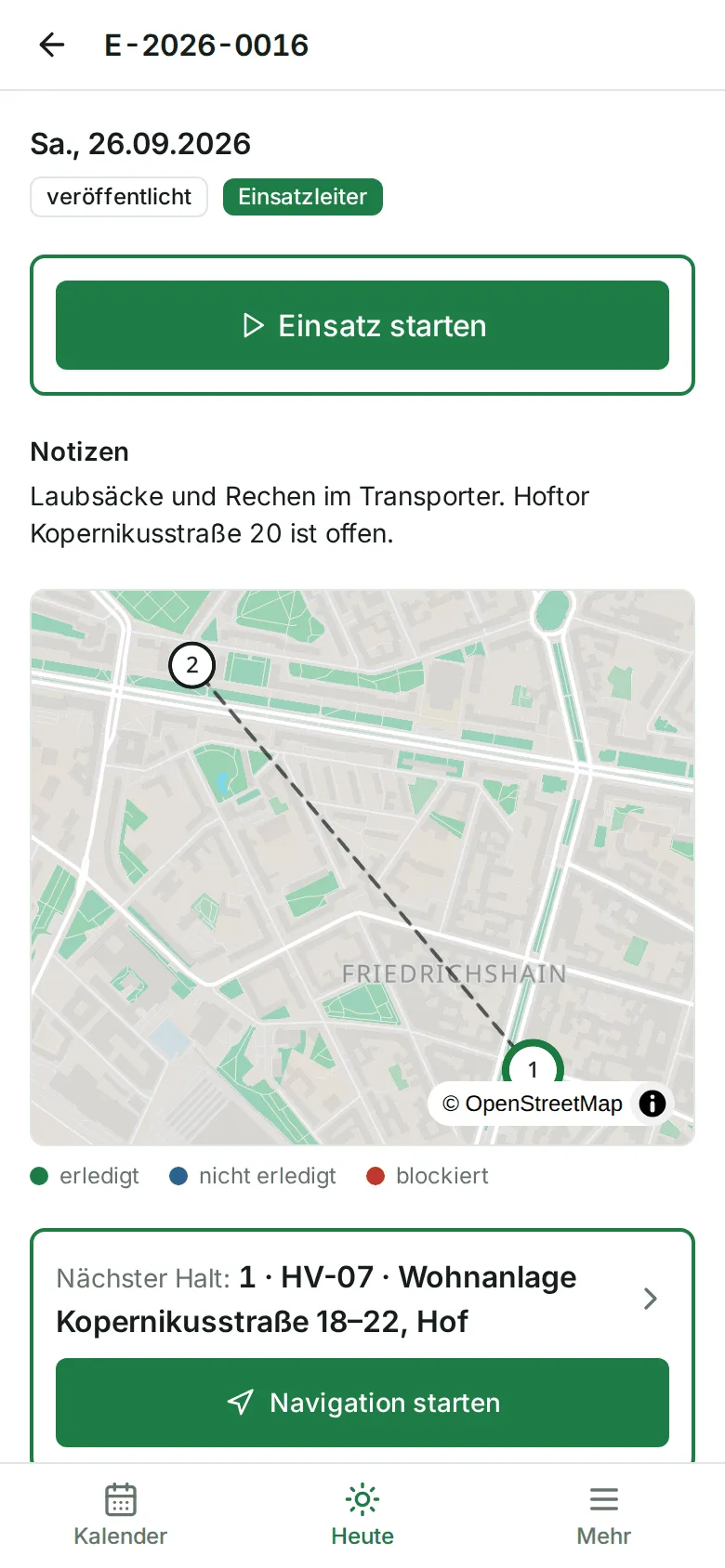 Die Einsatzseite vor dem Start mit dem Knopf „Einsatz starten“
