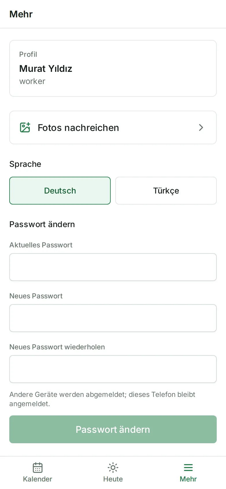 Die Seite „Mehr“ mit der Karte „Fotos nachreichen“
