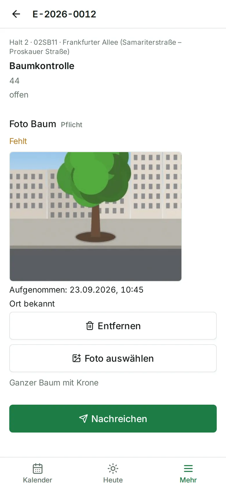 Eine Aufgabe unter „Fotos nachreichen“ mit gewähltem Foto, Aufnahmezeit und dem Knopf „Nachreichen“