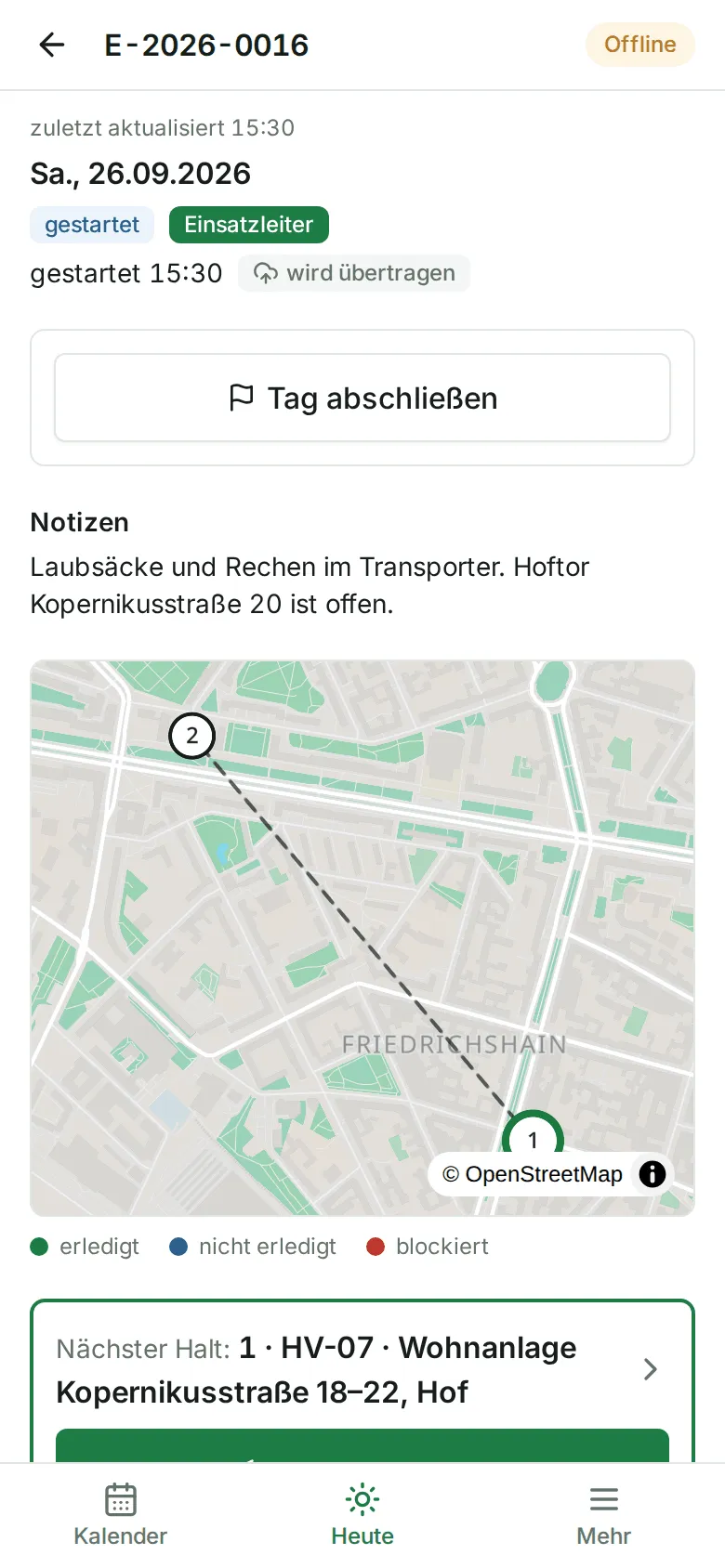 Die Einsatzseite ohne Netz mit „Offline“, „zuletzt aktualisiert“ und „wird übertragen“