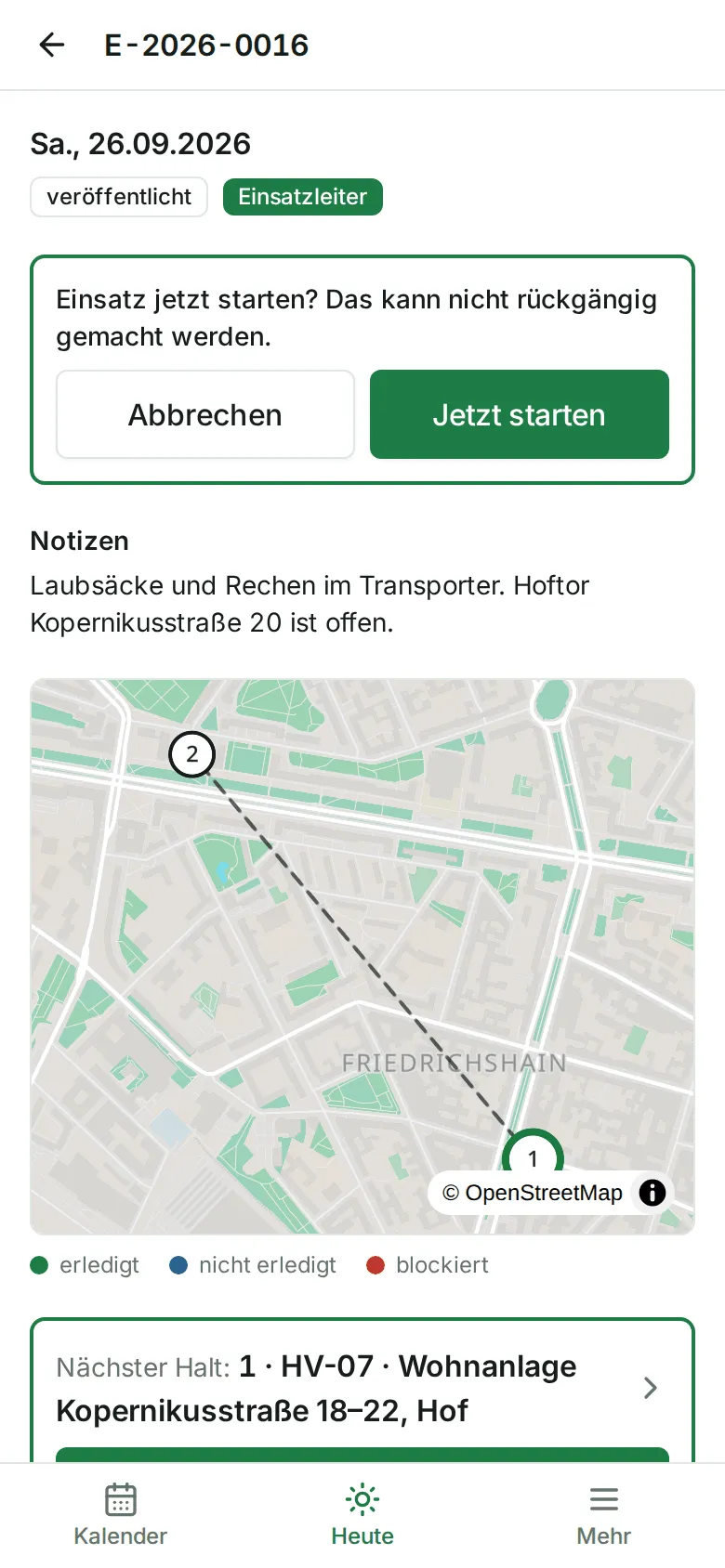 Die Rückfrage „Einsatz jetzt starten?“ mit „Abbrechen“ und „Jetzt starten“