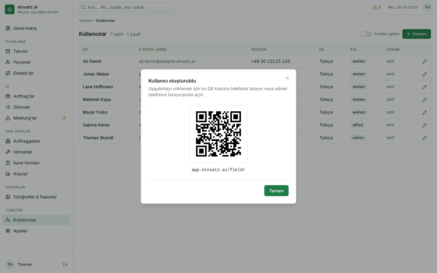 QR kodu ve uygulamanın adresiyle “Kullanıcı oluşturuldu” penceresi