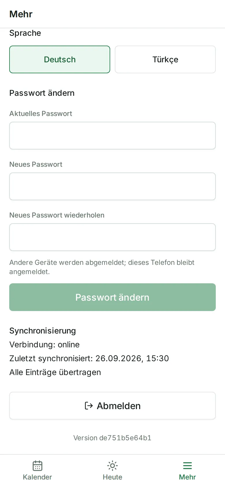 Der Bereich „Synchronisierung“ unter „Mehr“ mit Verbindung, letzter Synchronisierung und „Alle Einträge übertragen“