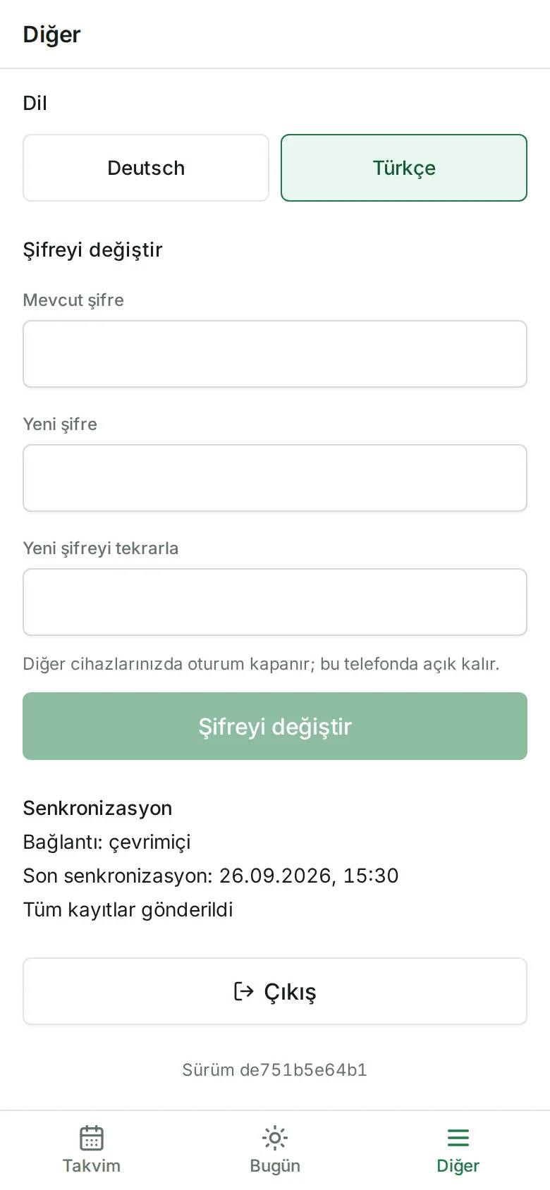 “Diğer” altındaki “Senkronizasyon” bölümü: bağlantı, son senkronizasyon ve “Tüm kayıtlar gönderildi”