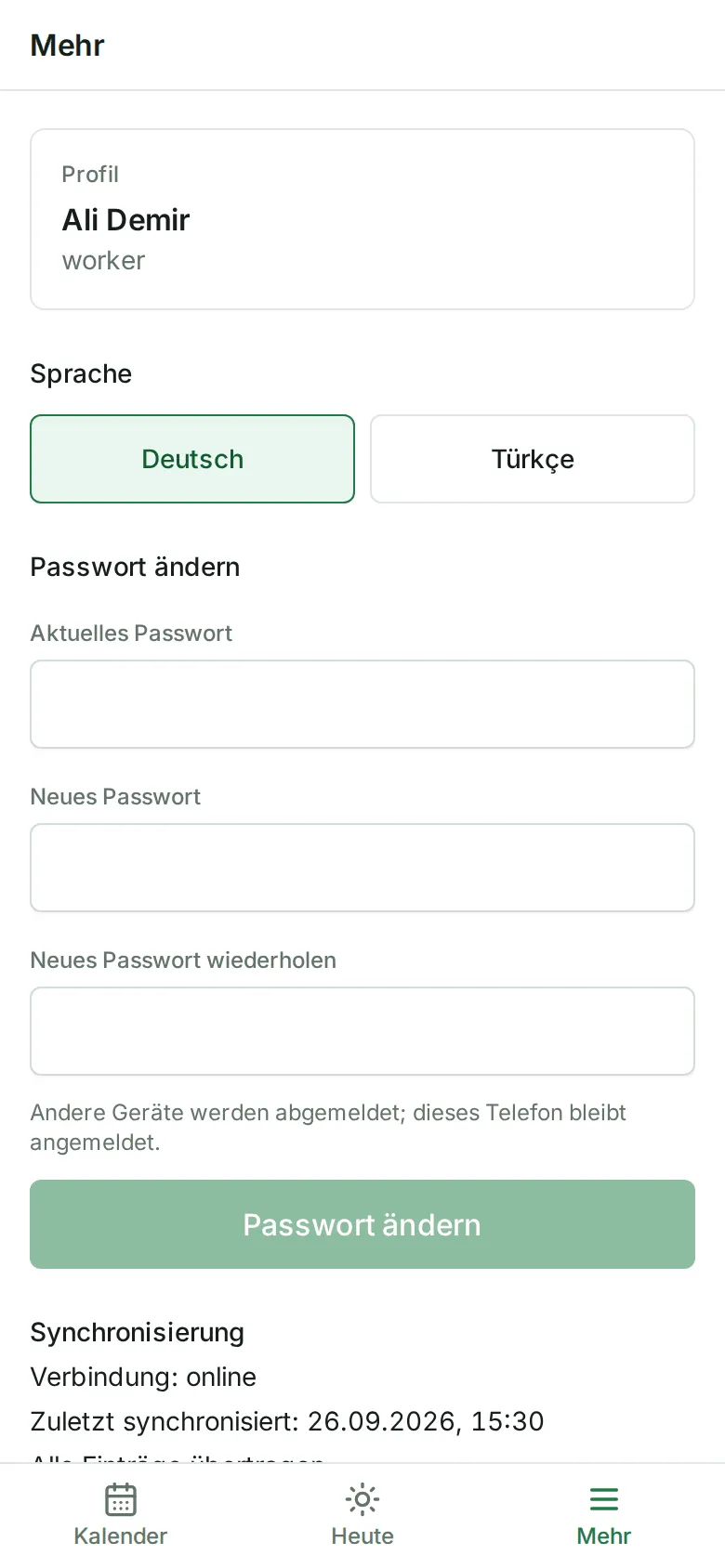 Die Seite „Mehr“ der App mit Profil, Sprache und dem Formular „Passwort ändern“