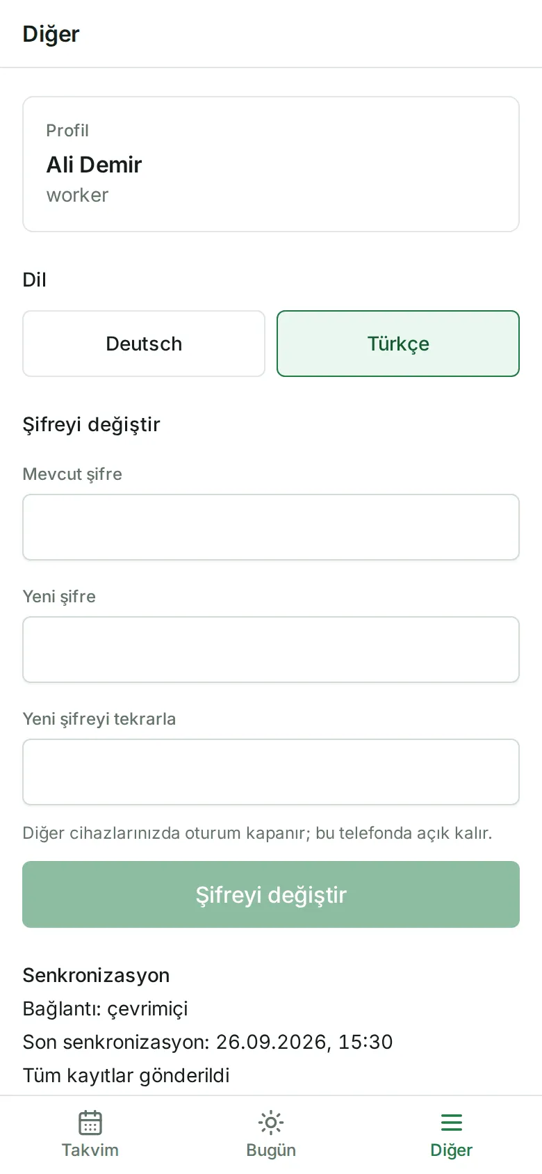 “Diğer” sayfası: profil, dil ve “Şifreyi değiştir”