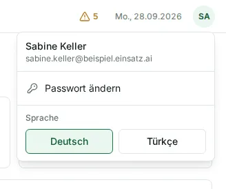 Das geöffnete Profilmenü mit Name, E-Mail-Adresse, „Passwort ändern“ und „Sprache“