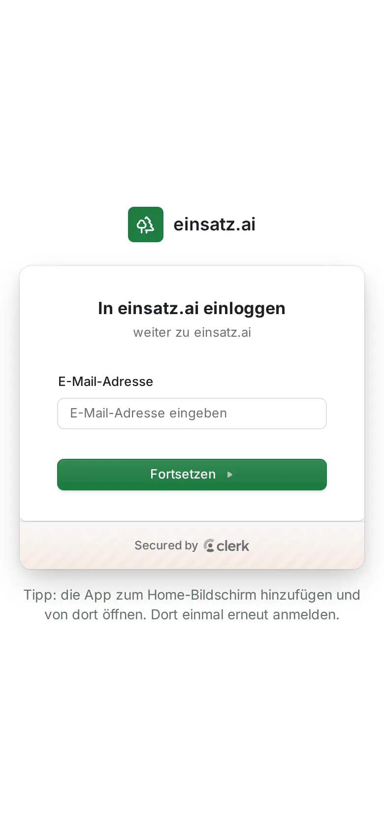 Die Anmeldeseite der App im Browser mit dem Tipp zum Home-Bildschirm