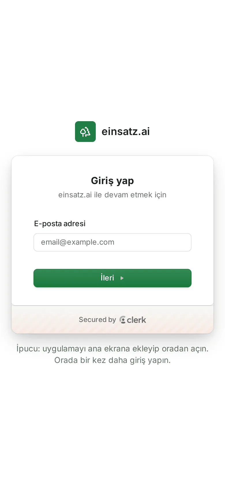 Tarayıcıda uygulamanın giriş sayfası, ana ekran ipucuyla