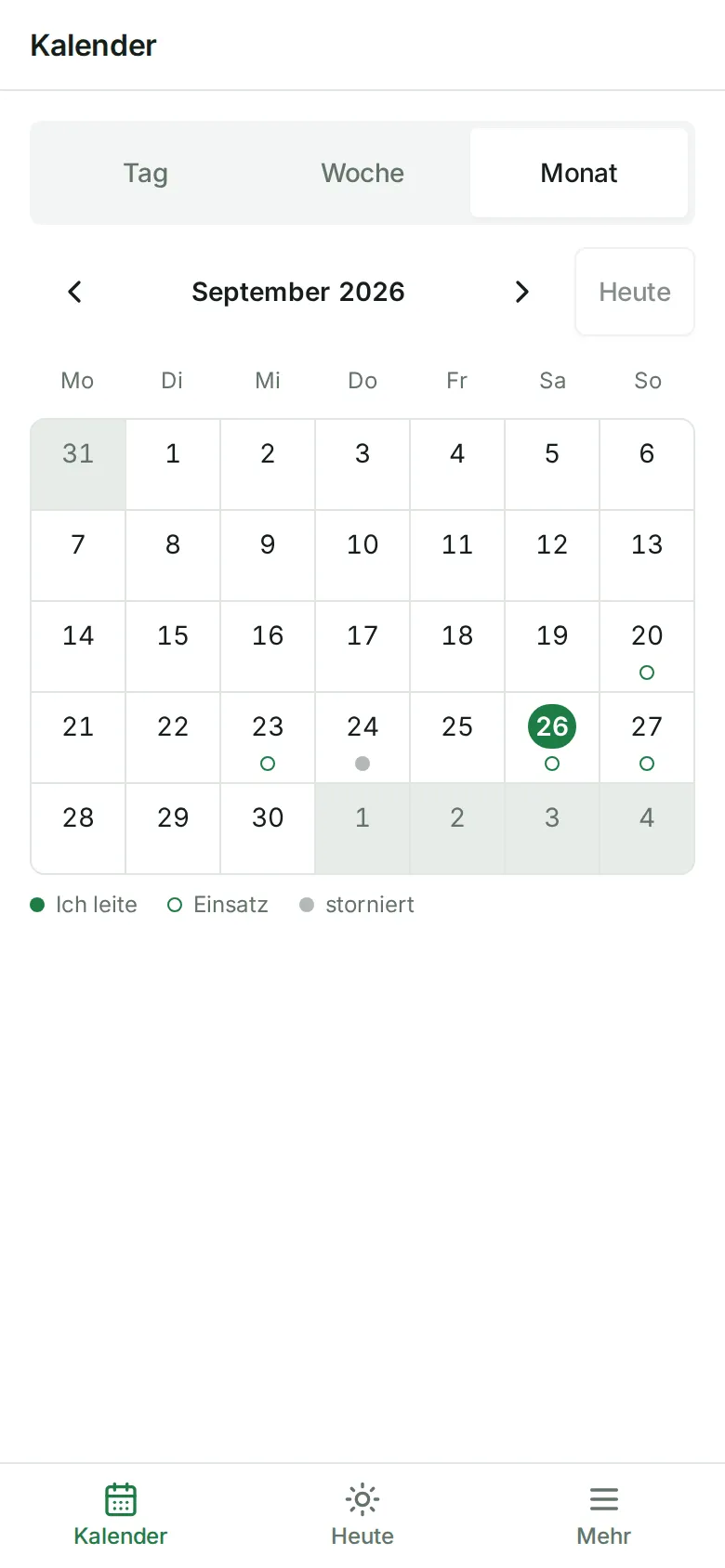 Der Kalender in der Monatsansicht mit Punkten an den Einsatztagen und der Erklärung darunter