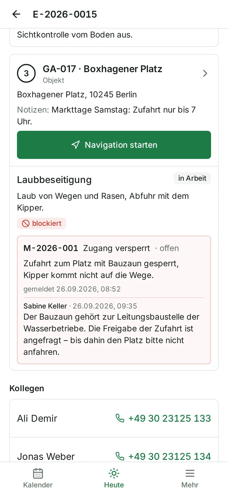 Die Halte eines Einsatzes mit ihren Aufgaben, eine Aufgabe ist blockiert