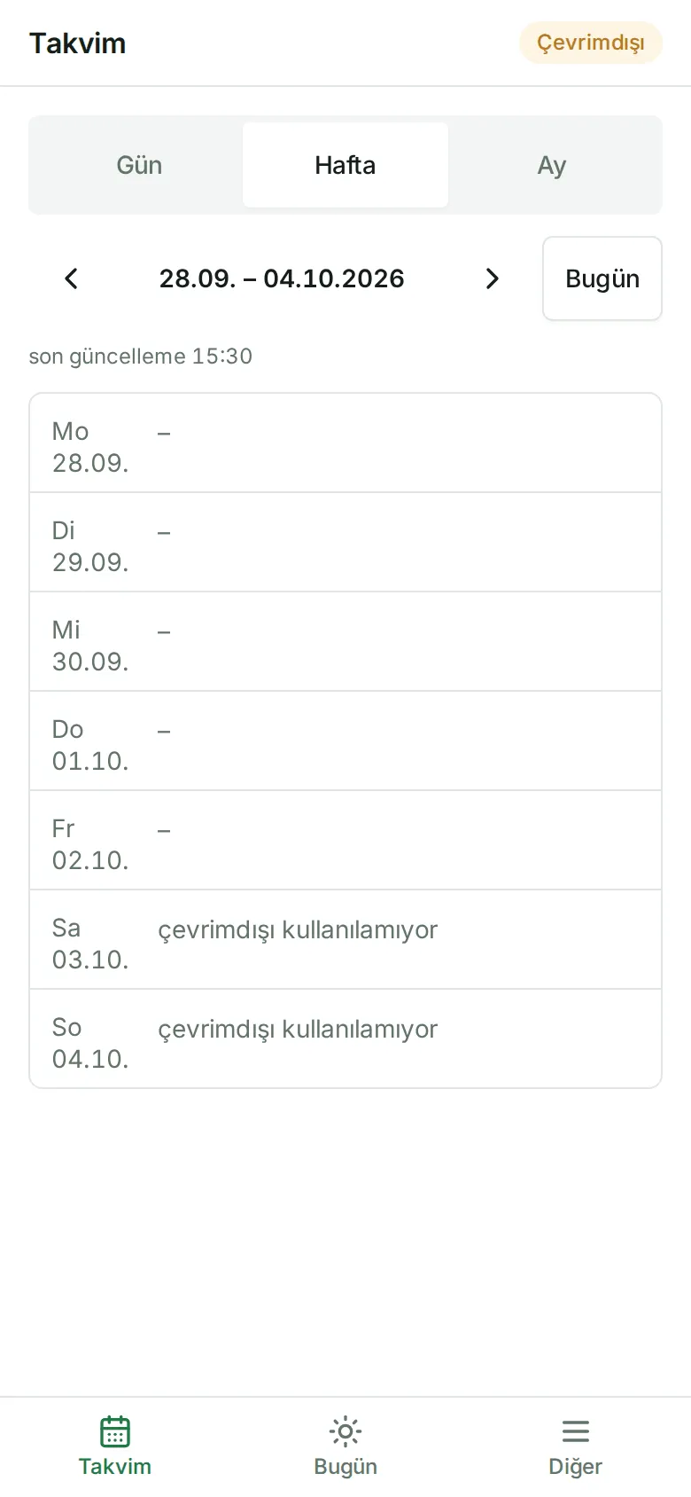 Bağlantı yokken takvim: sağ üstte “Çevrimdışı”, “son güncelleme” ve “çevrimdışı kullanılamıyor” yazan günler