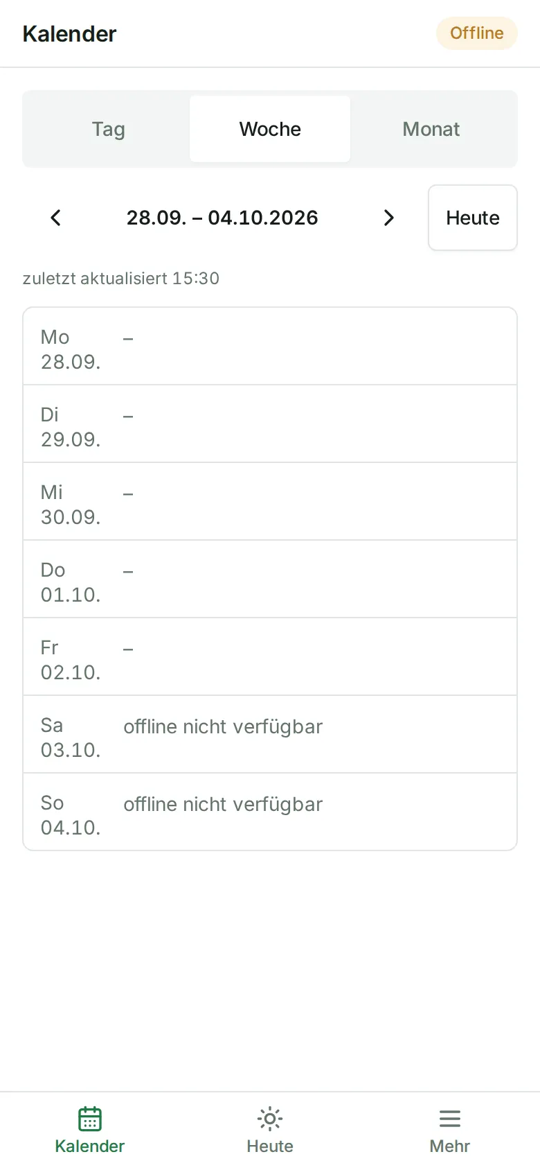 Der Kalender ohne Internet mit „Offline“ oben rechts, „zuletzt aktualisiert“ und Tagen „offline nicht verfügbar“